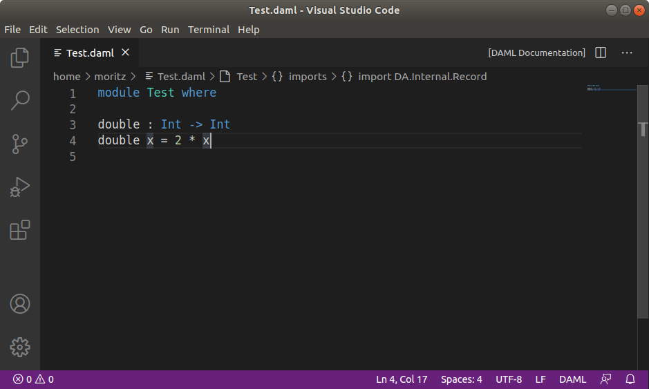 Visual Studio Code displays Test.daml, with the code snippet you copied above.