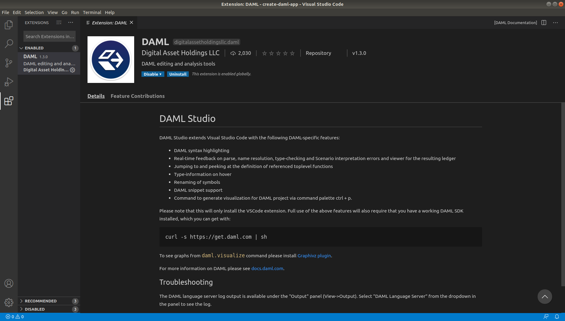 The Daml Studio extension page in Visual Studio Code, as shown when you click on Daml Studio in the extension.