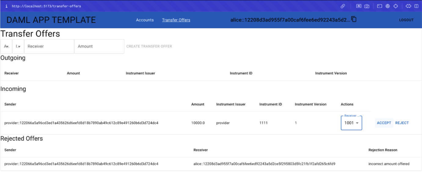 Alice transfer offer view with new transaction