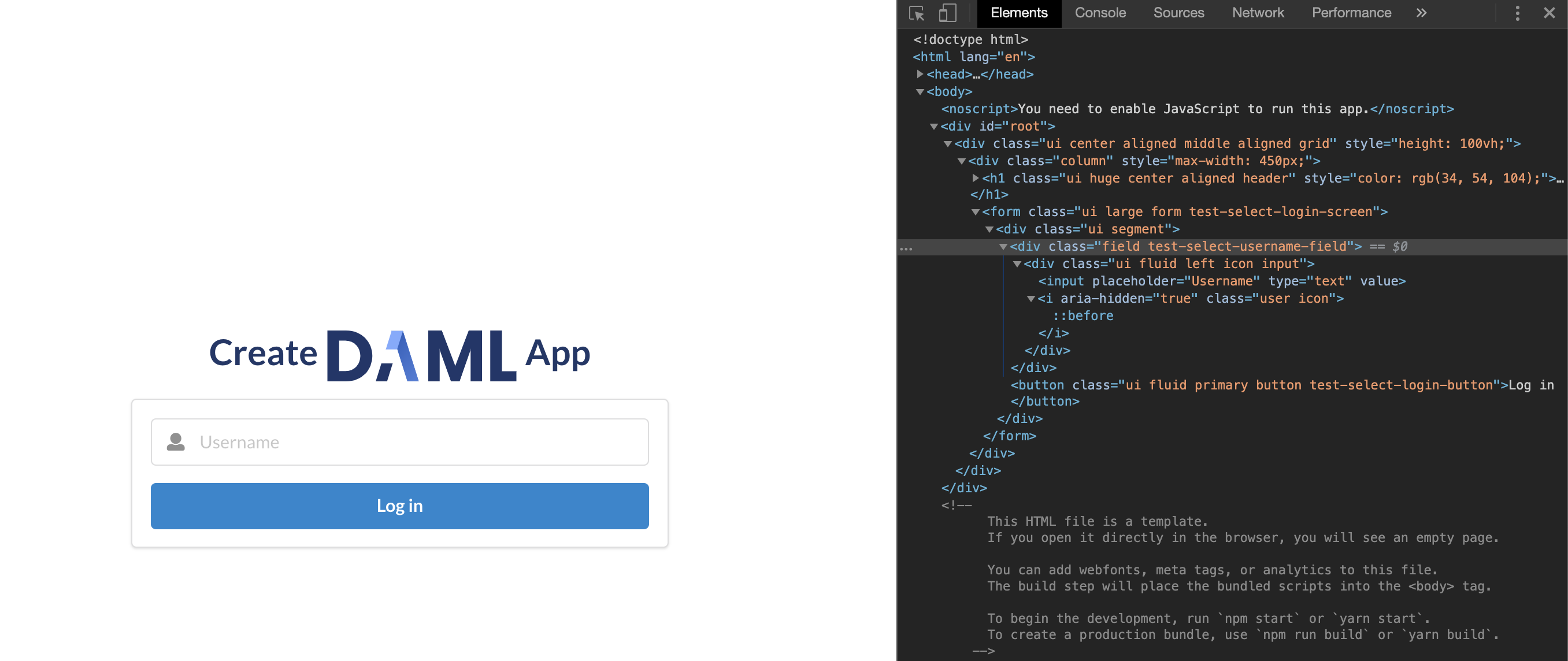 The app login screen and the code that renders as that screen. In the code a line that reads "<div class = "field test select username field"> == $0" is highlighted.