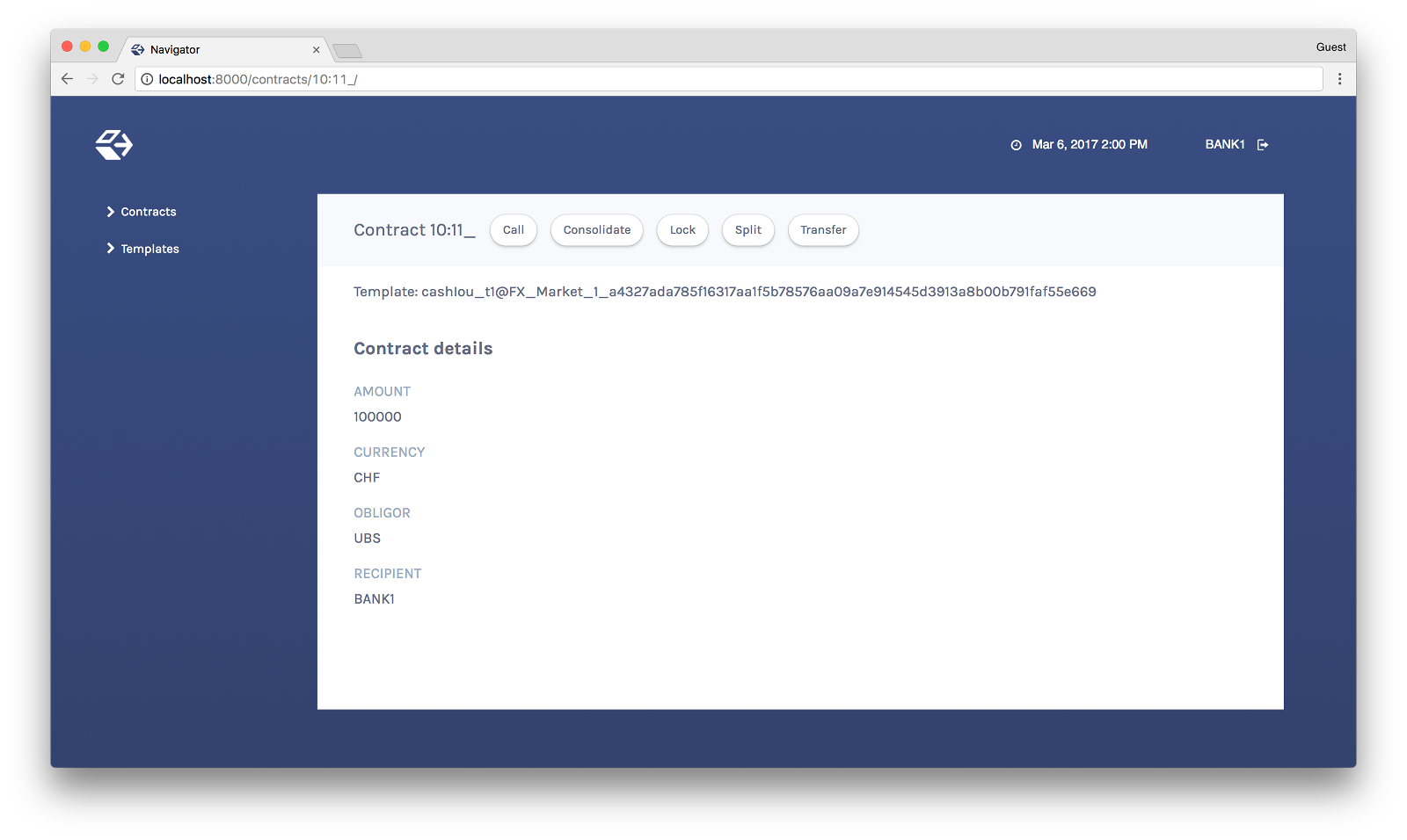 The Contract Details view displays the same information as the Template Details view as well as the name of the template the contract is based on and options to Call, Consolidate, Lock, Split, or Transfer the contract.