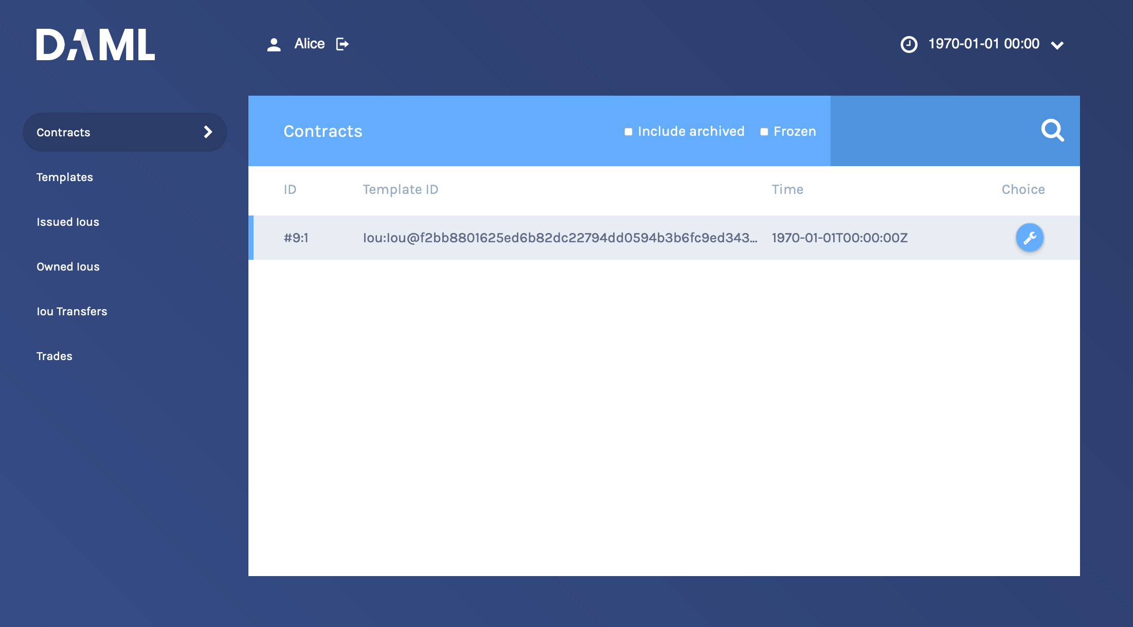 The Contracts view in the Navigator, showing one existing contract.