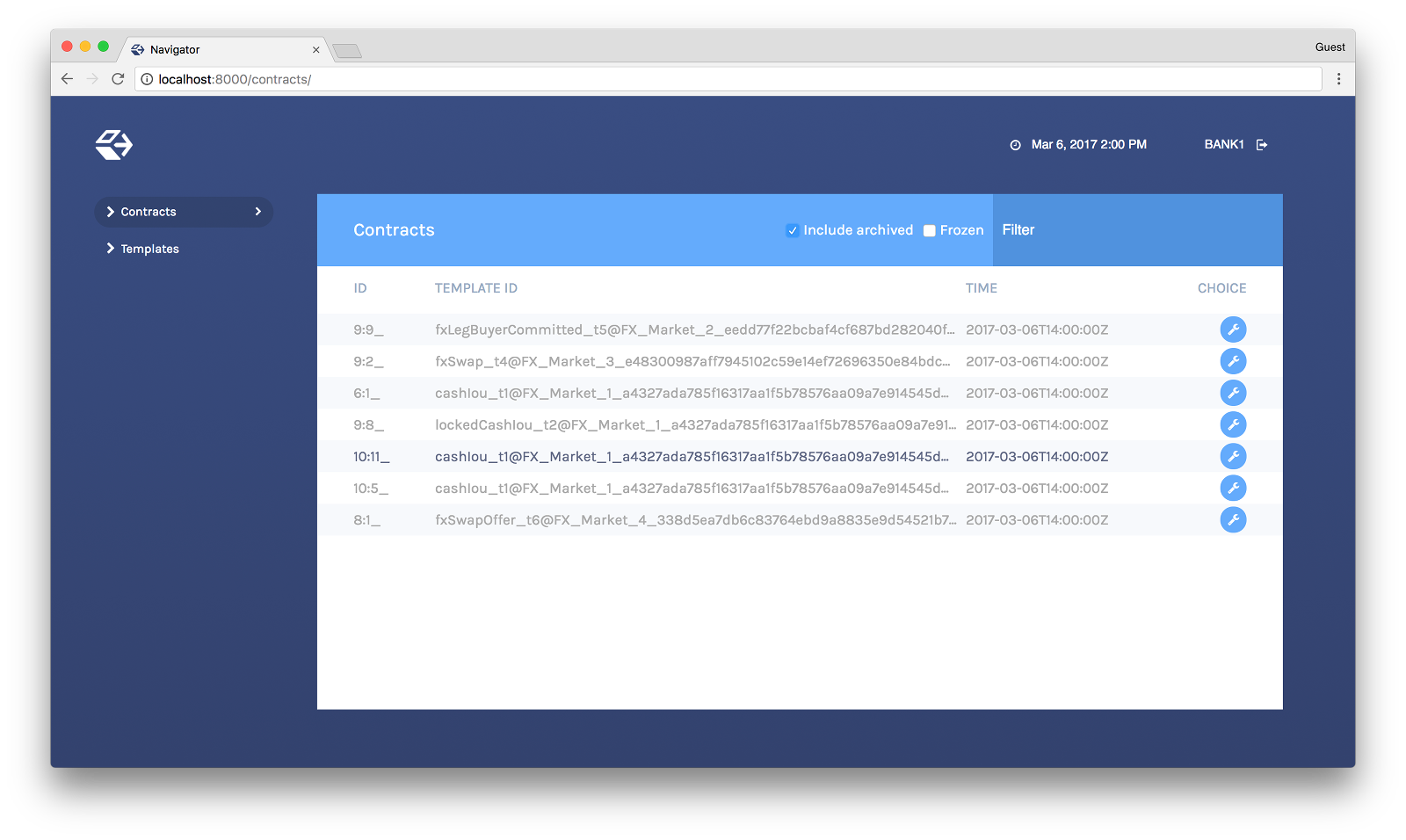 The Contracts view, as described previously.