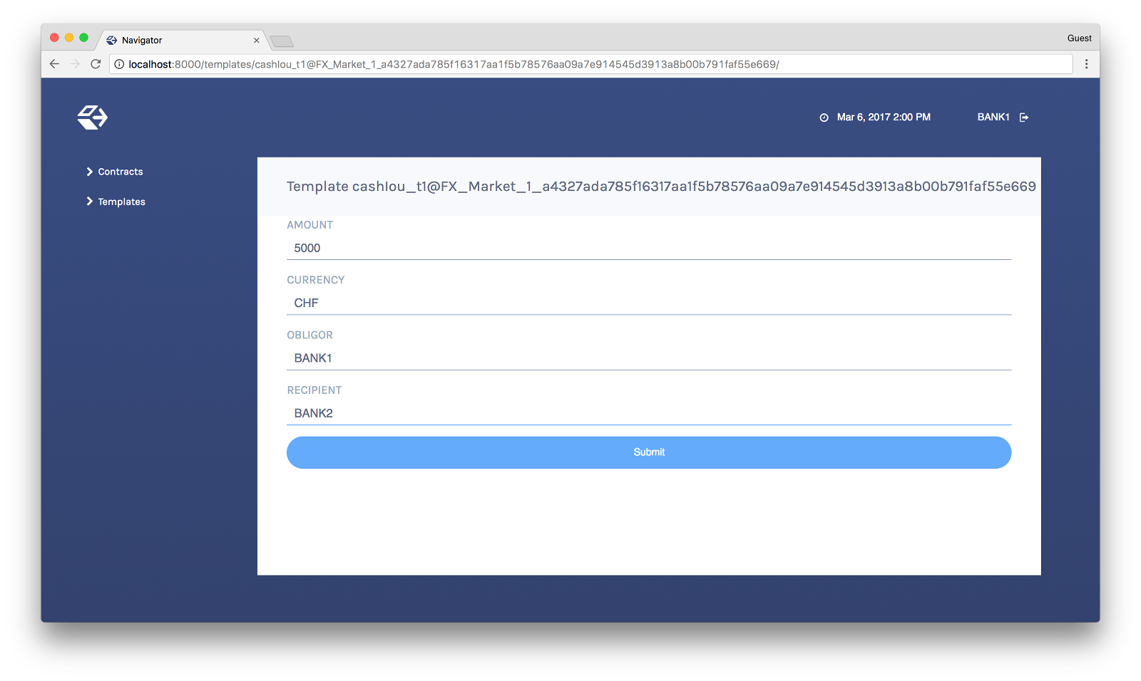 The Template Details view, showing the Amount, Currency, Obligor, and Recipient for a particular template.