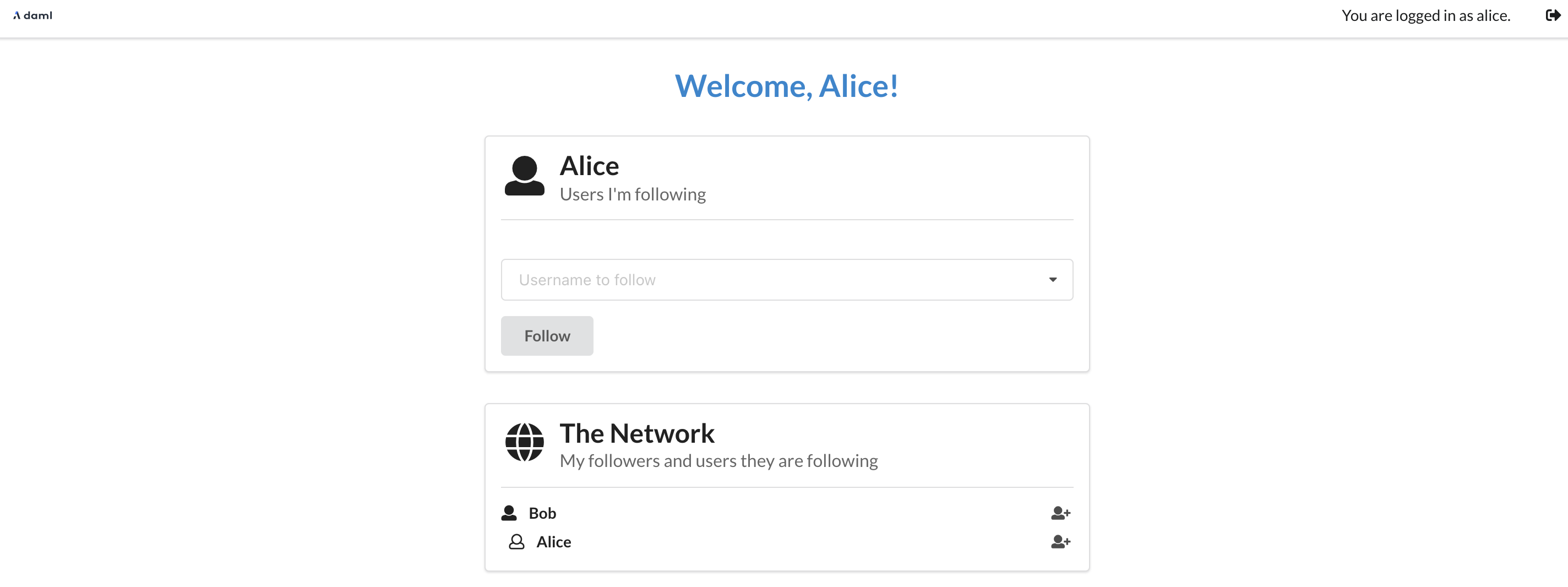 The app from Alice's point of view, with the list of users Bob is following in the The Network section.