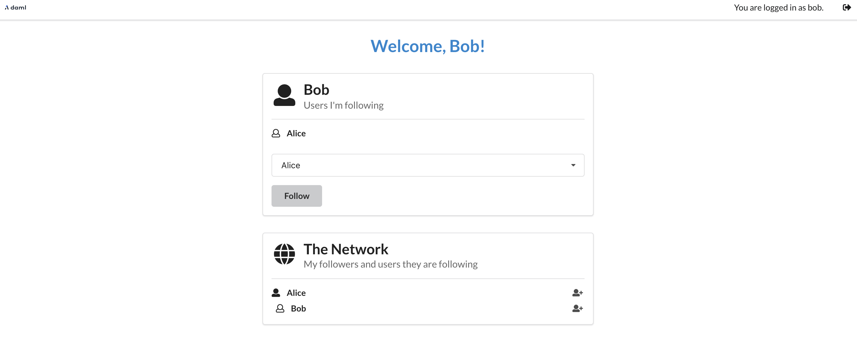 The app now shows Bob the list of users Alice is following in the The Network section.