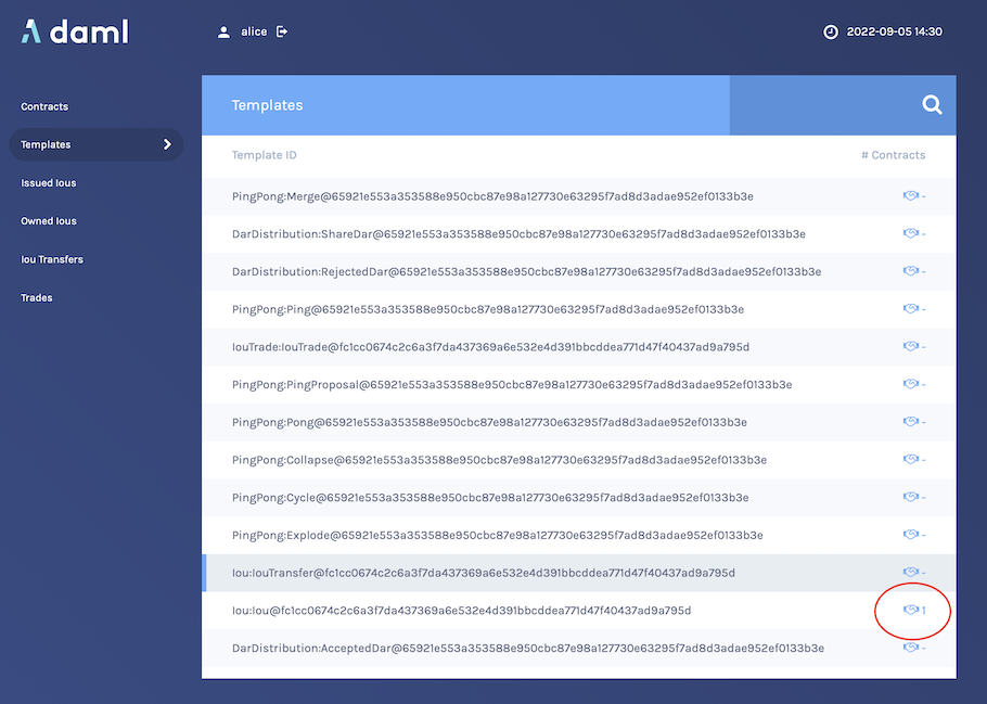 The Templates view with the handshake icon and number of contracts for the 12th template on the list highlighted. Here, the number of contracts is one.