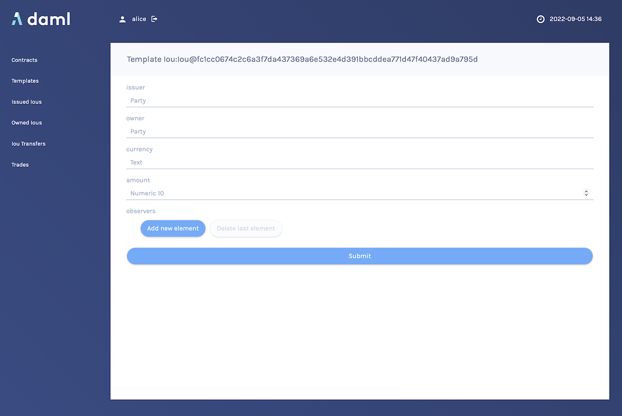 The Template Details view, showing the Issuer, Owner, Amount, Currency, Observers, and Recipient for a particular template.