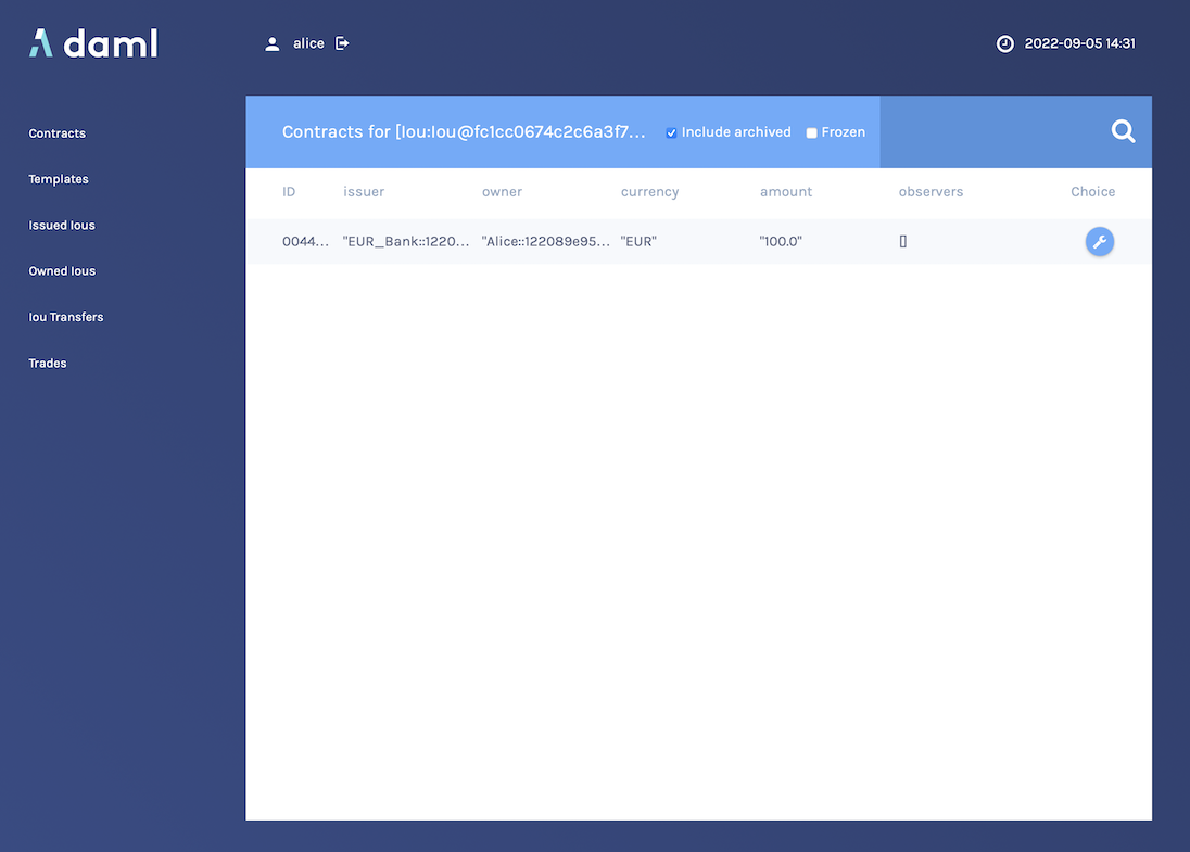 The result of clicking on the number highlighted in the last image - the Contracts view filtered to display only the single contract based on the selected template.