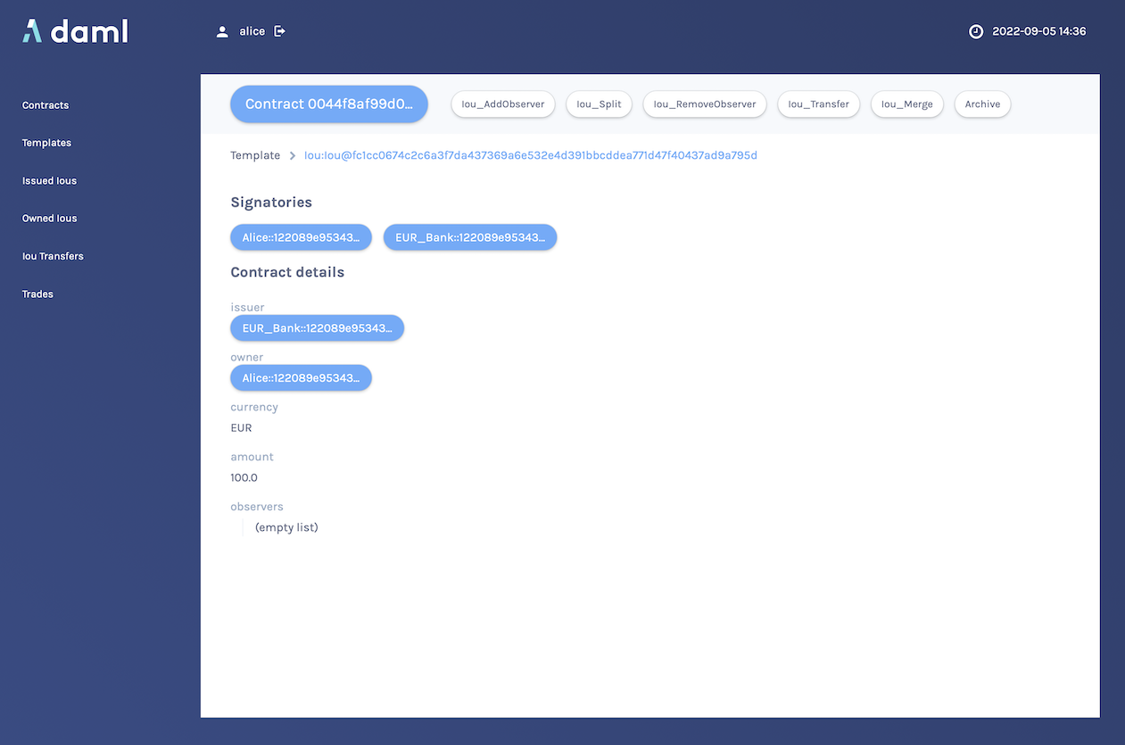 The Contract Details view displays the same information as the Template Details view as well as the name of the template the contract is based on and options to Call, Consolidate, Lock, Split, or Transfer the contract.