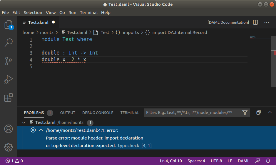 The line with the error is underlined with a wavy red line. A second pane below the original is open to the Problems tab, which describes the Parse error.