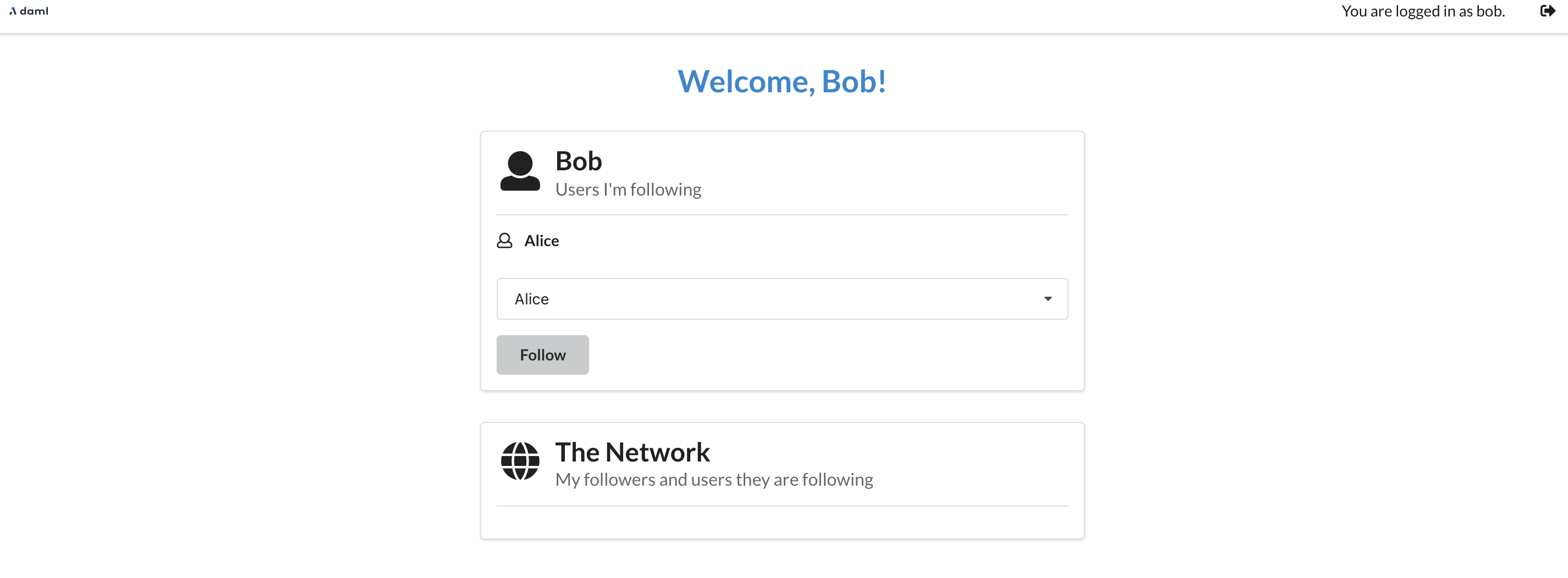 The app now shows Alice in Bob's Users I Follow section.