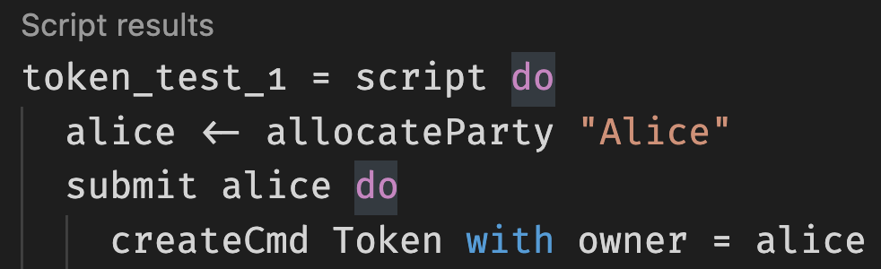 Script results indicating that a token has been created for Alice.